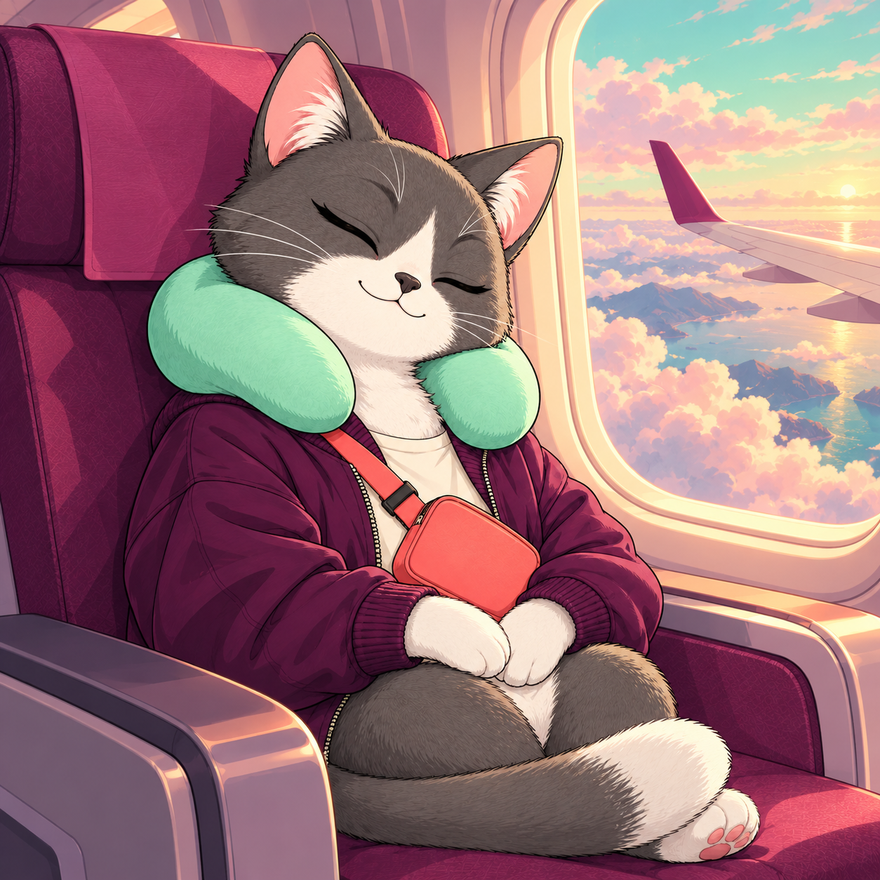 The cat peacefully sleeps against its mint travel pillow beside an airplane window.